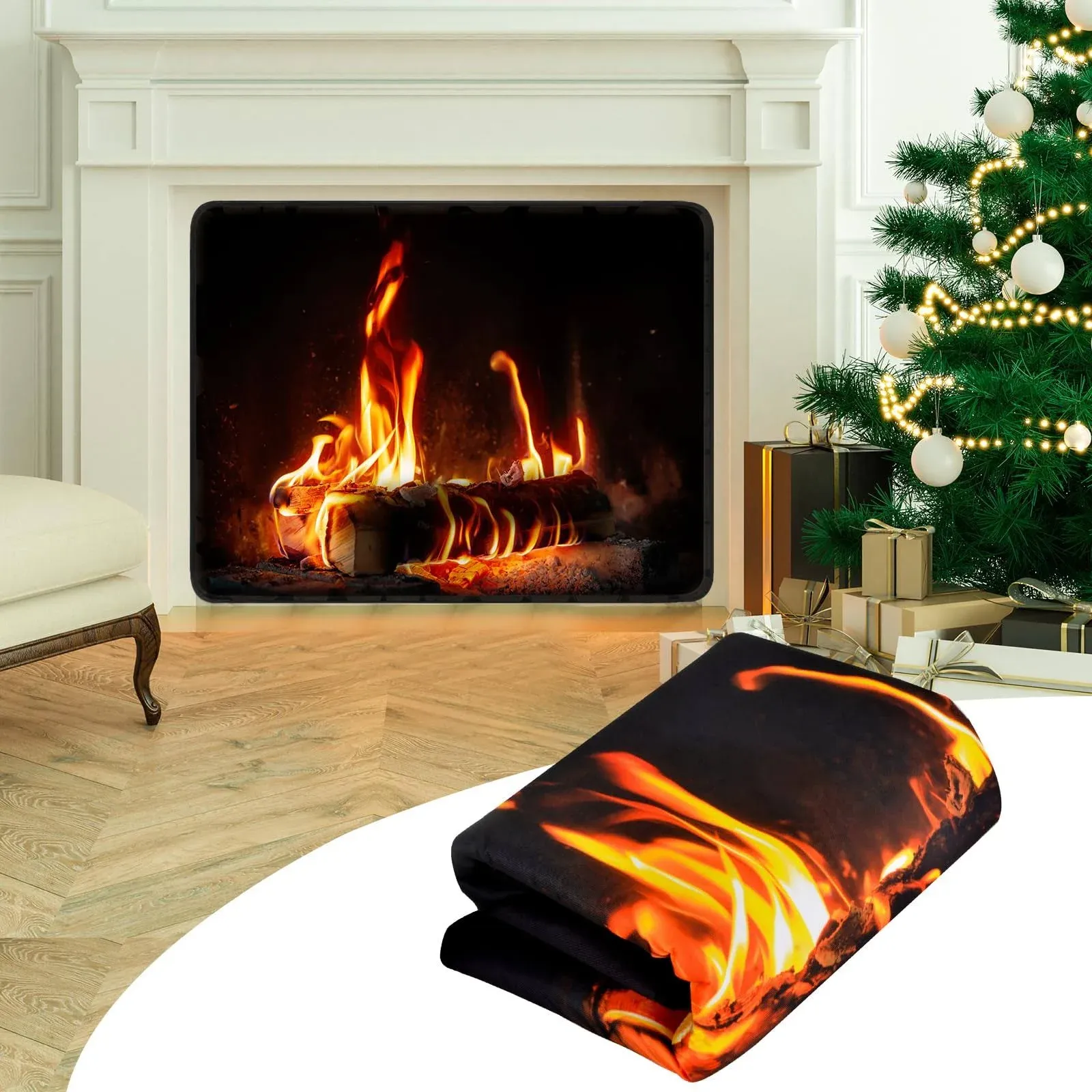 Magnetic Fireplace Cover for Inside Fireplace Stops Heat Loss, Fireplace Blanket Draft Stopper for Winter & Summer, Hot & Cold Air Blocker, 45”W X 34”H Insulated Fireplace Draft Cover- Wood Pile