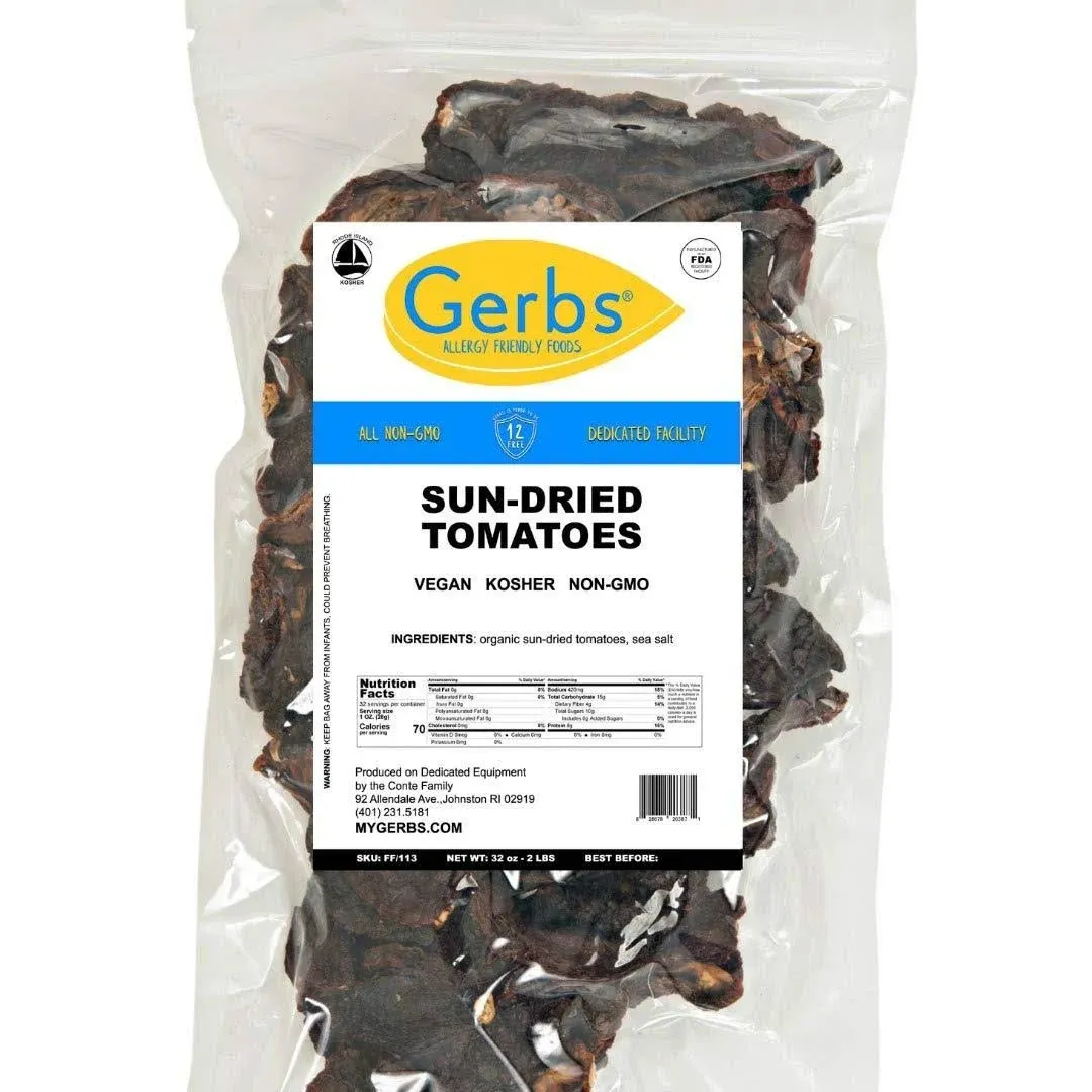 GERBS Sun Dried Tomatoes 2 LBS. Sea Salted | Freshly Dehydrated Resealable Bulk Bag | Top Food Allergy Free | Sulfur Dioxide Free | Excellent in Salads & Charcuterie Boards| Gluten & Peanut Free