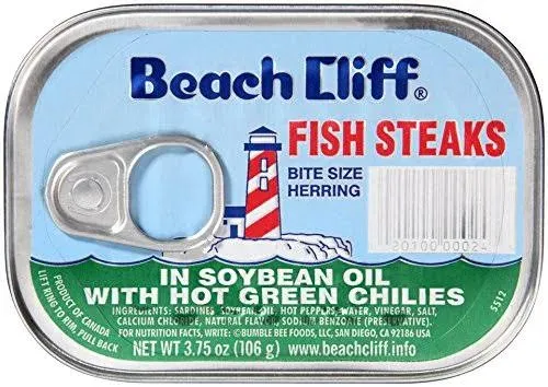 BEACH CLIFF Fish Steaks, Herring, Sardines in Soybean Oil with Hot Green Chil...