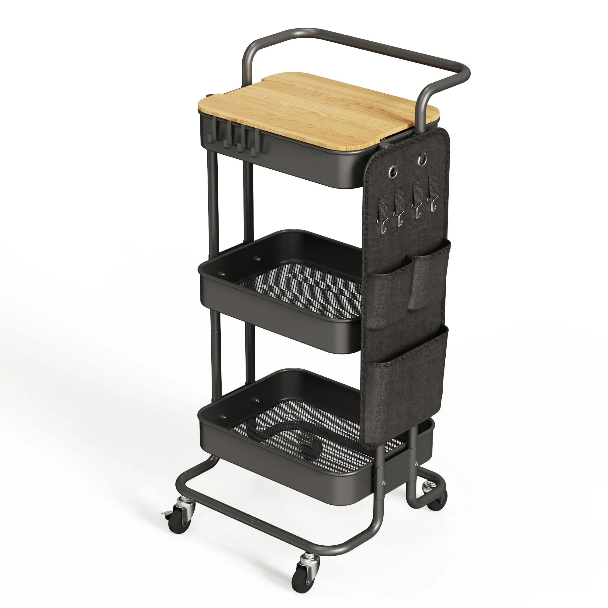 DTK 3 Tier Metal Utility Rolling Cart with Table Top and large-Metal, Black 