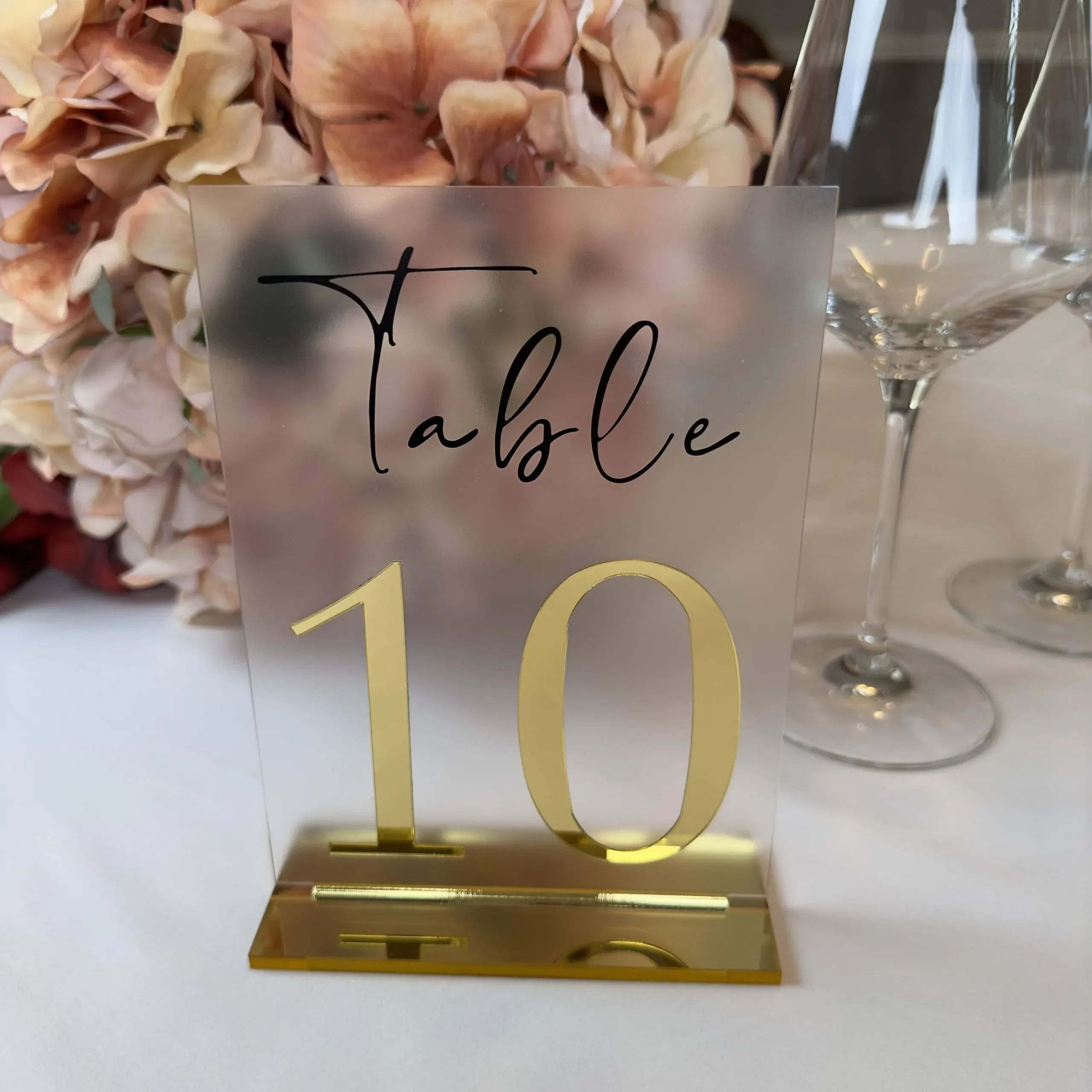 Wedding Table Numbers 1-15-Mirrored Gold Foil- 7X5&#034; Frosted Acrylic Signs-Minima