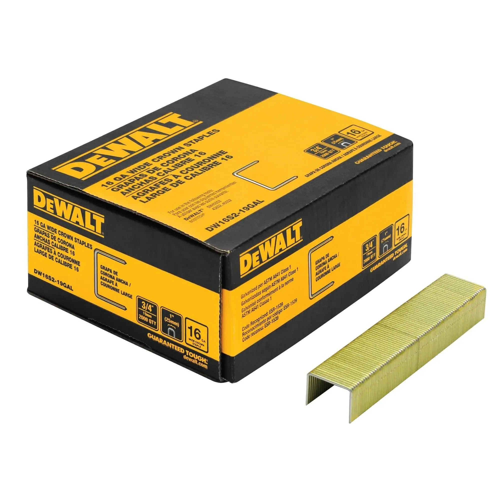 DEWALT DW16S219G-135M Crown Staple, 1 in W Crown, 1-1/2 in L Leg, 16 ga Gauge, Galvanized - pack of 2000