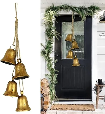 Styleonme Decorative Bells, Christmas Bells, Metal Indoor and Outdoor Blessing Bells, 4-Piece Set of Harmonious Bells, Vintage Handmade and Rustic Lucky Christmas Bells Hanging on a Rope