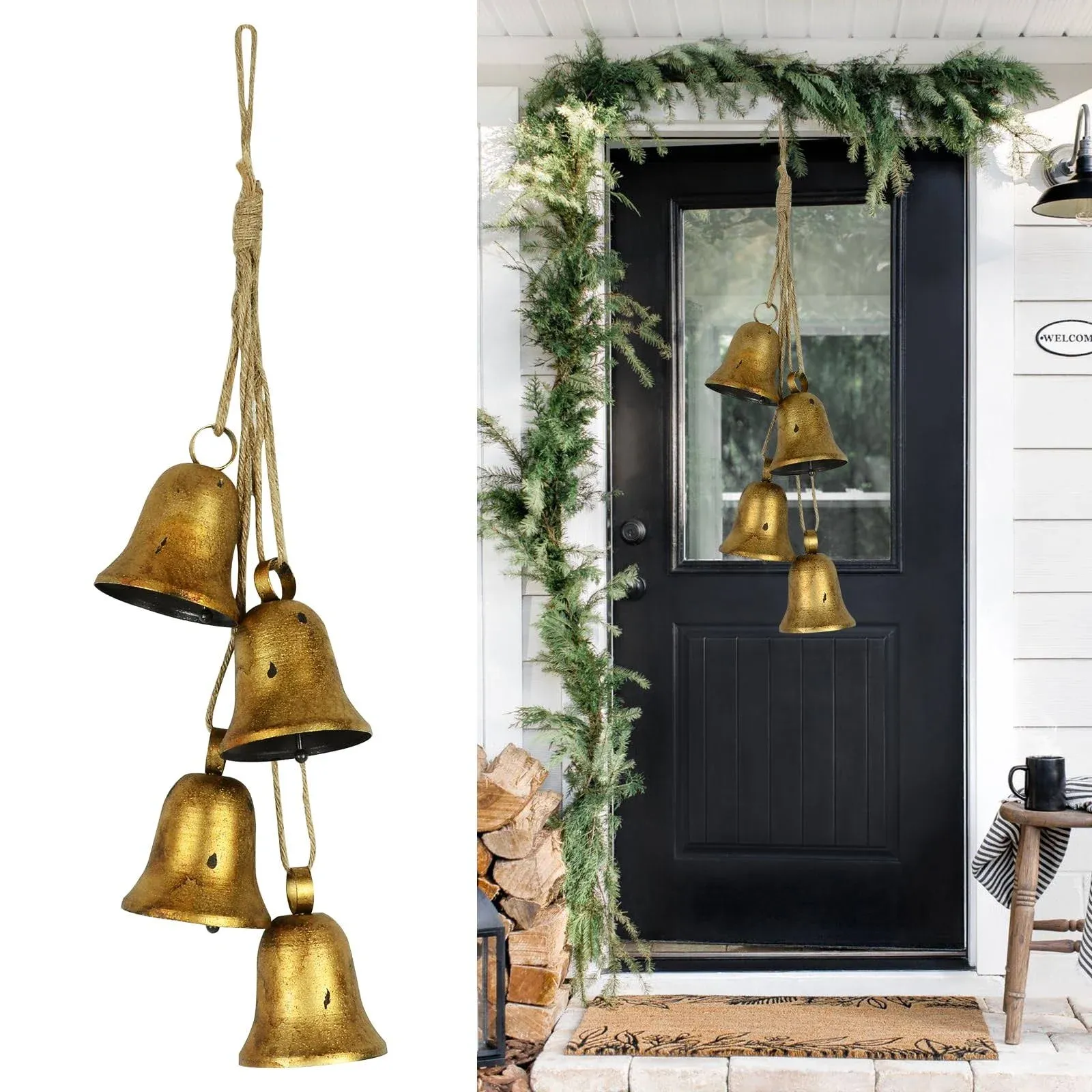 Styleonme Decorative Bells, Christmas Bells, Metal Indoor and Outdoor Blessing Bells, 4-Piece Set of Harmonious Bells, Vintage Handmade and Rustic