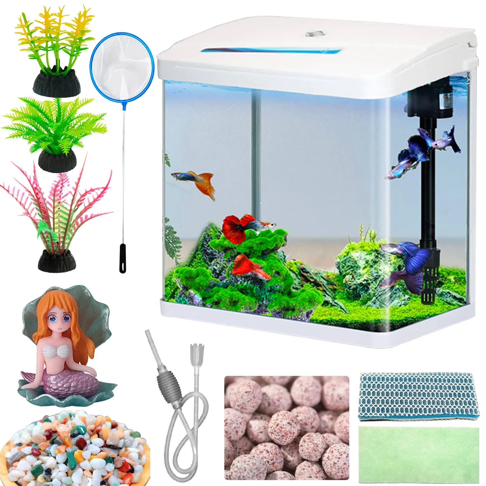 Glass Fish Tank 2.3 Gallon Aquarium Starter Kit Small Betta Fish Tank Desktop Mi