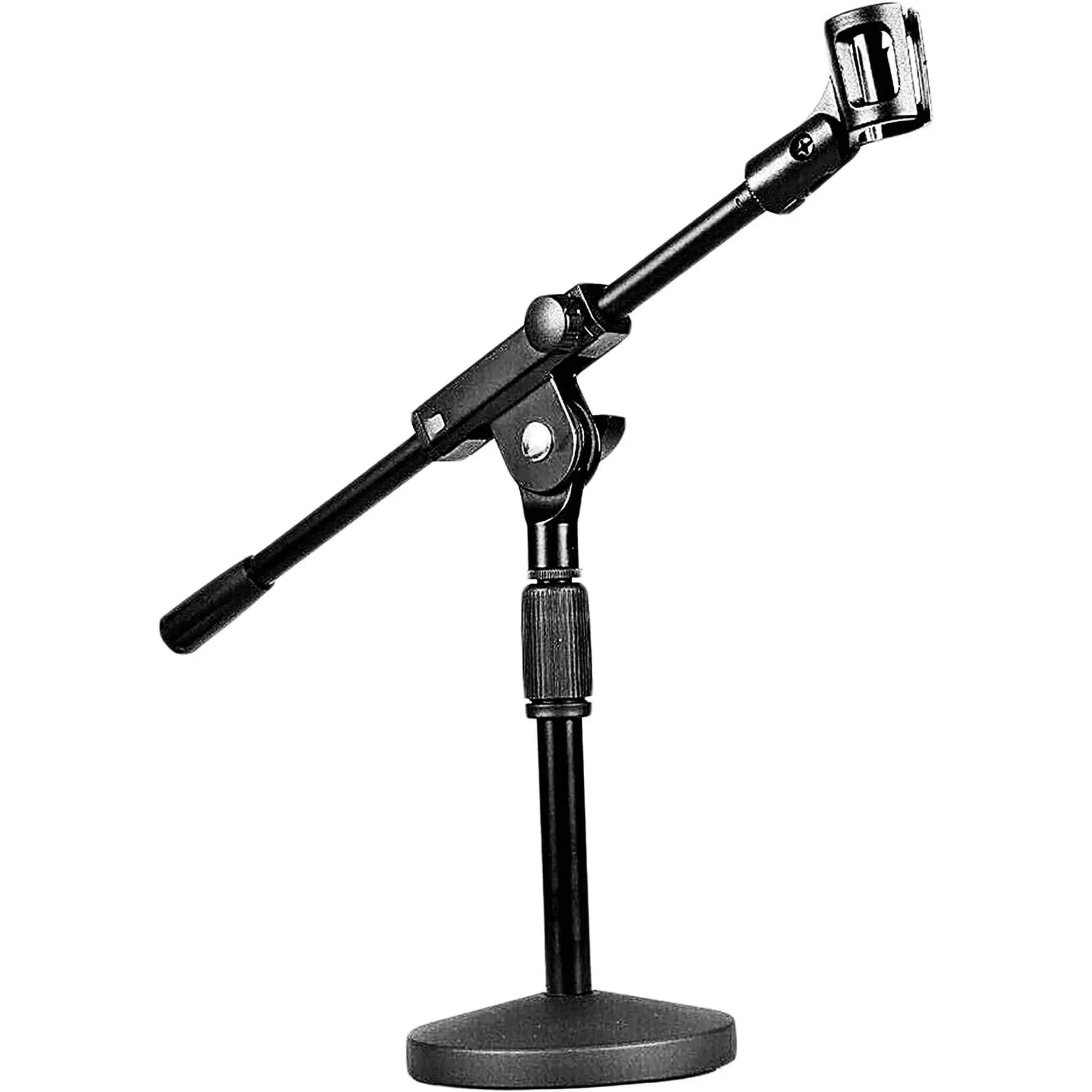 Small Adjustable Table Boom Microphone Stand Round Base & Universal Mic Clip