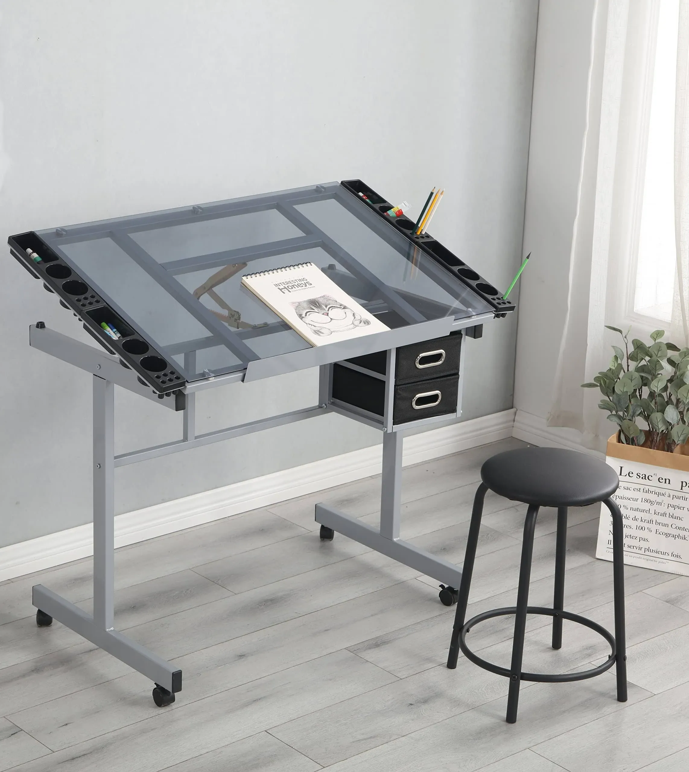 HomSof Adjustable Drafting Printing Table with Chair, Grey