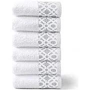 Market & Place 100% Turkish Cotton Luxury Hand Towel Set | Super Soft and Highly Absorbent | Textured Dobby Border | 550 GSM | Includes 6 Hand Towels | Nitra Collection (White/Light Grey)Market & Place 100% Turkish Cotton Luxury Hand Towel S…