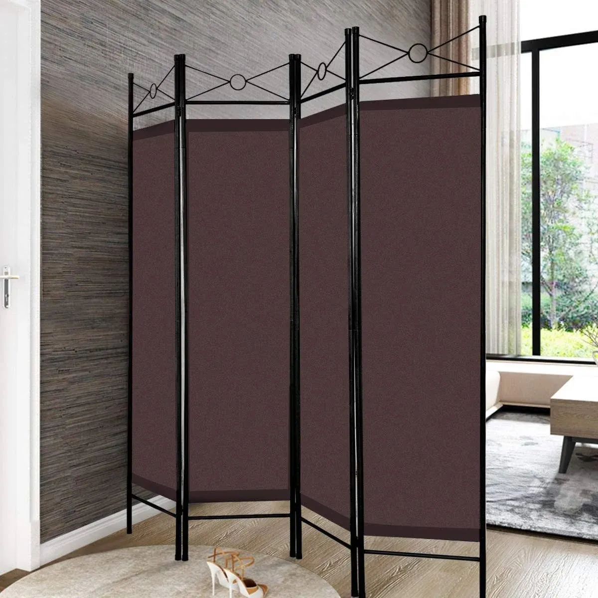 ARLIME 4-Panel Room Divider, 6 ft Wide Steel Frame Screen, Folding Privacy Partition, Freestanding Room Dividers for Home Office (Brown)