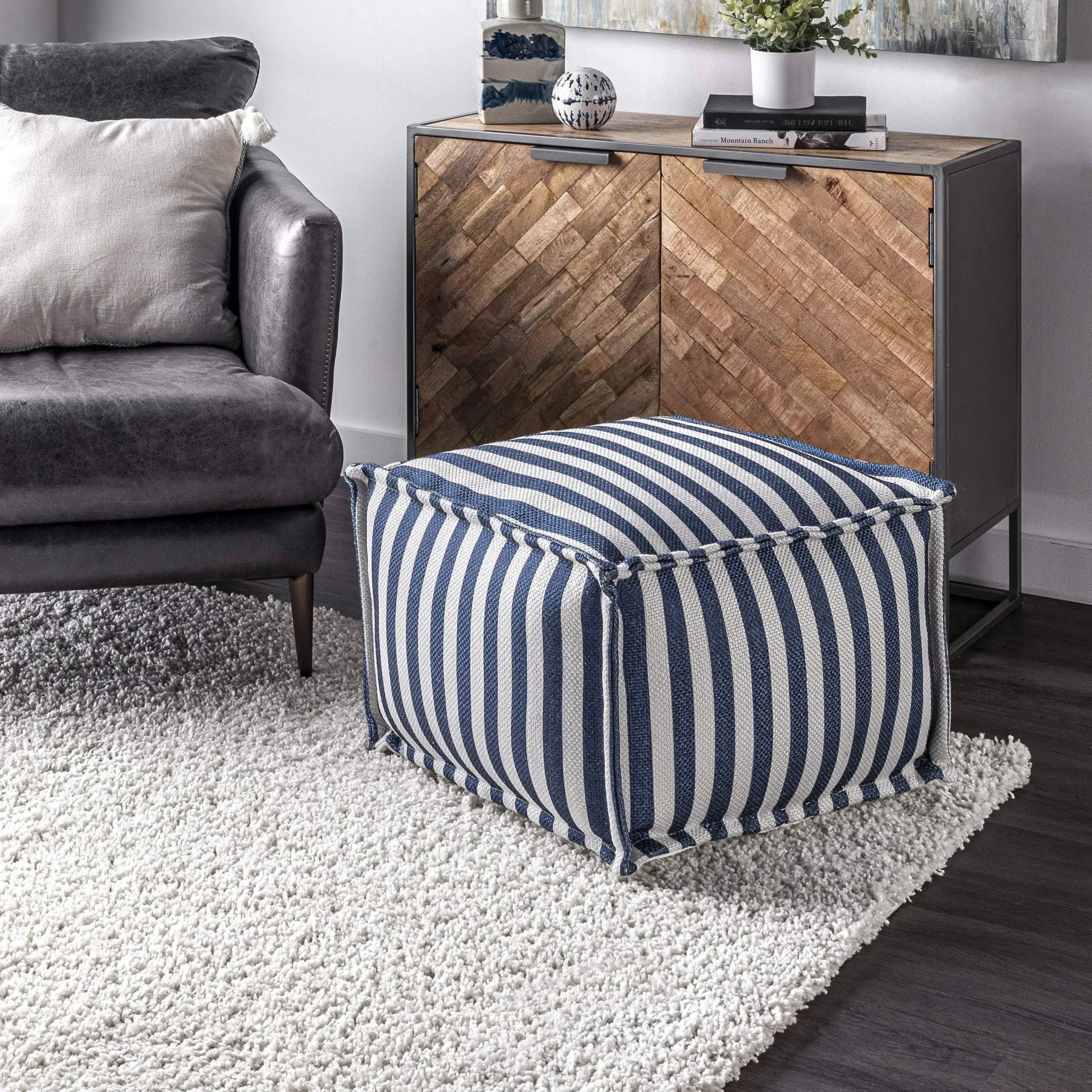 nuLOOM Porto Striped Indoor/Outdoor Filled Ottoman Pouf - Gray