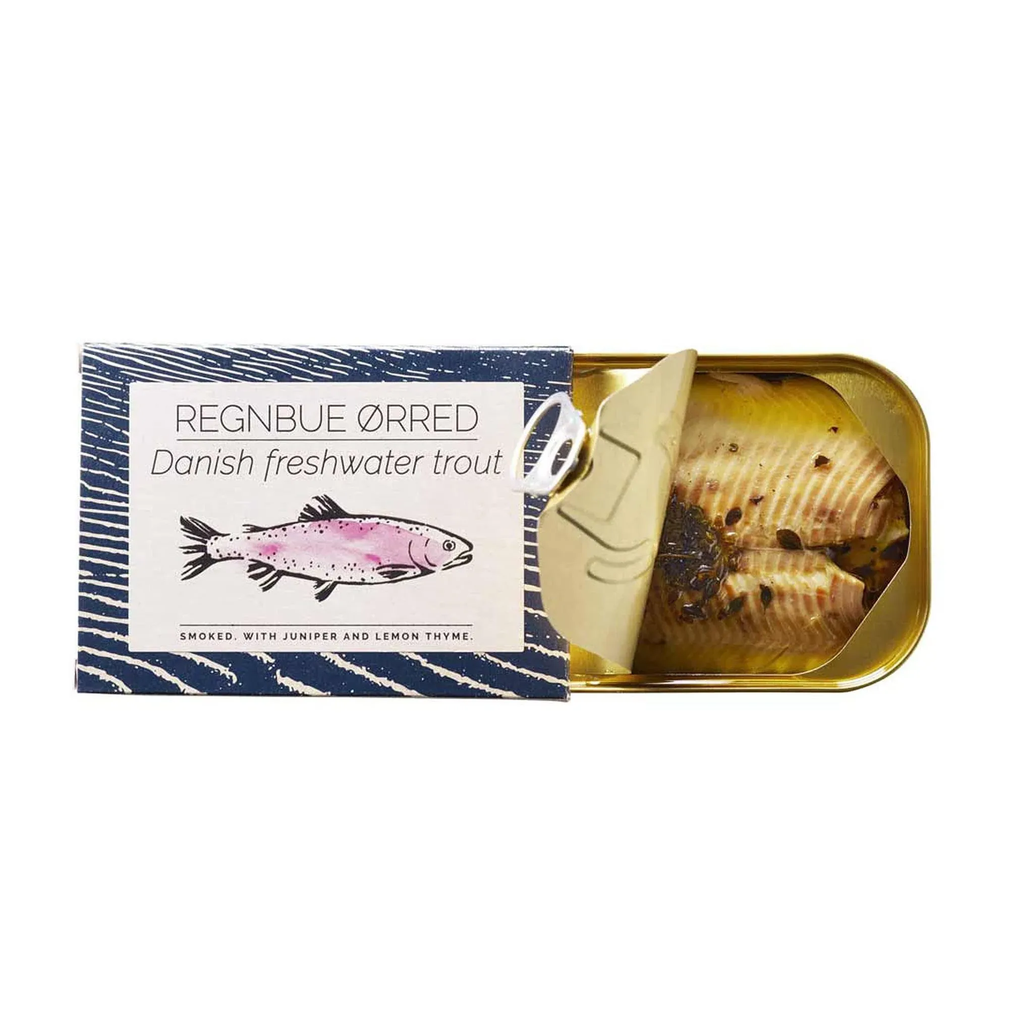 Fangst Regnbue Orred | Tinned Smoked Freshwater Trout with Juniper and Lemon Thyme | 1 x 110g