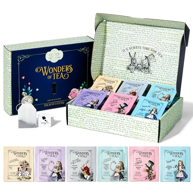 Alice’s Adventures in Wonderland, Wonder of Tea Gift Set, Tea Sampler includes 6 Flavors of Tea with Book Quotes and Illustrations, Set of 90