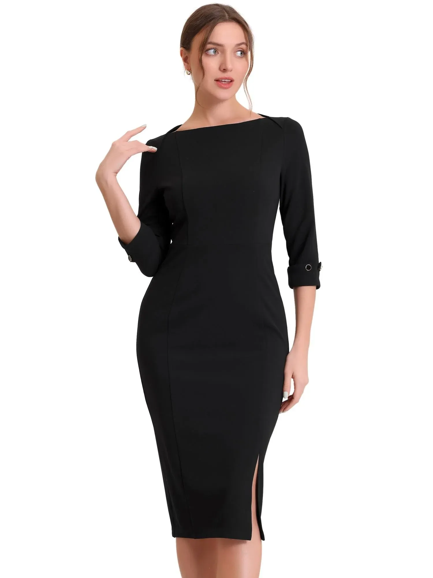 Allegra K Women's Elegant Boat Neck 3/4 Sleeves Wear to Work Midi Split Sheath ...