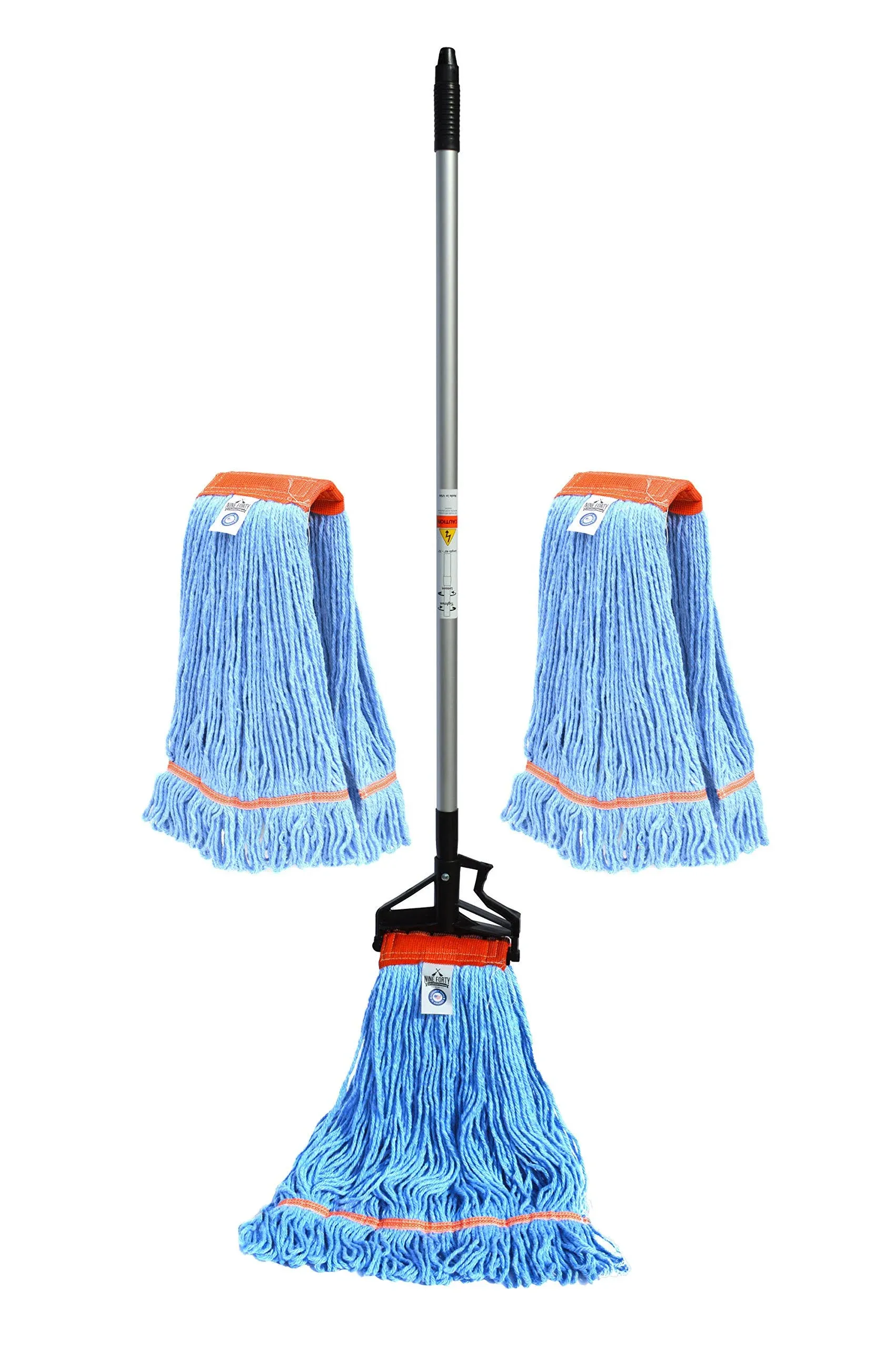 Nine Forty Industrial and Commercial-Grade Looped End Wet Mop w/ 2 Replacement Heads - Blue String Mop with 42”-72” Adjustable Aluminum Handle Length - Clamp - for Optimal Absorption and Durability