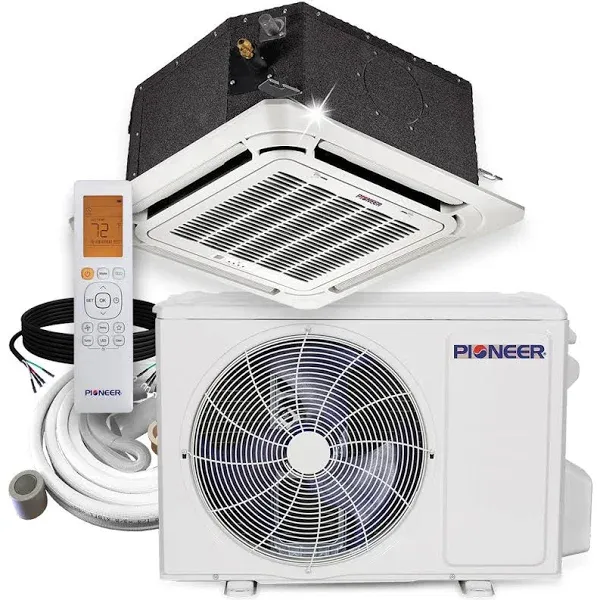 Pioneer 12,000 BTU 22.7 SEER2 8-Way Compact Cassette Mini-Split Air Conditioner Heat Pump System Full Set 230V, 33 ft