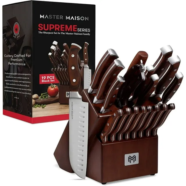 19-Piece Premium Kitchen Knife Set with Wooden Block | Master Maison German Stainless Steel Cutlery with Knife Sharpener & 8 Steak Knives, Size: 19