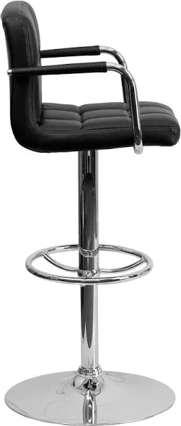 Contemporary Black Quilted Vinyl Adjustable Height Barstool with Arms and Chrome Base