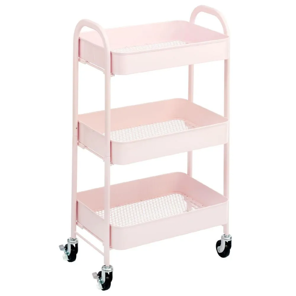 mDesign Metal 3-Tier Rolling Utility Storage Carts, 4 Caster Wheels, Light Pink