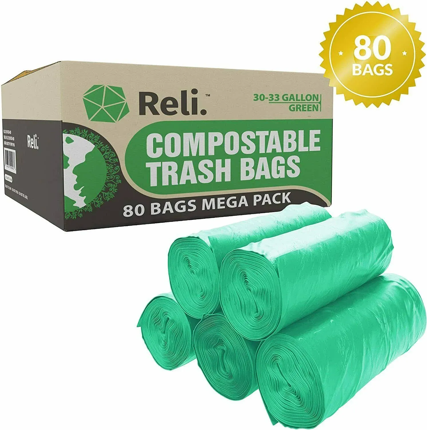 Reli. Compostable 33 Gallon Trash Bags | 80 Count Bulk | ASTM D6400 | Green | Eco-Friendly | For Compost