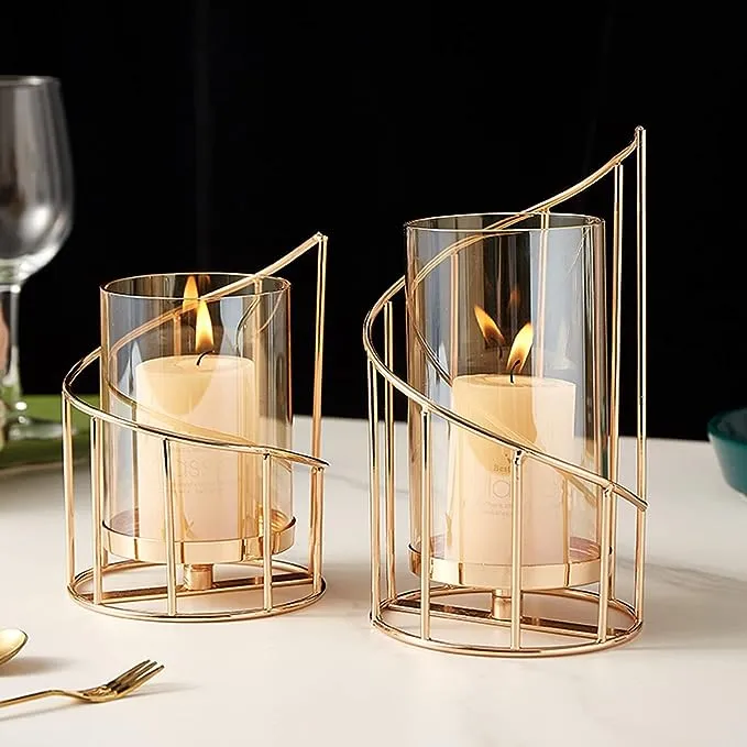 Mrmrkura Metal Wire Candle Holder Set Of 2 Glass Pillar Candle Holders Gold Decorative Tea Light Candleholders For Home Decor Table Decorations Cente