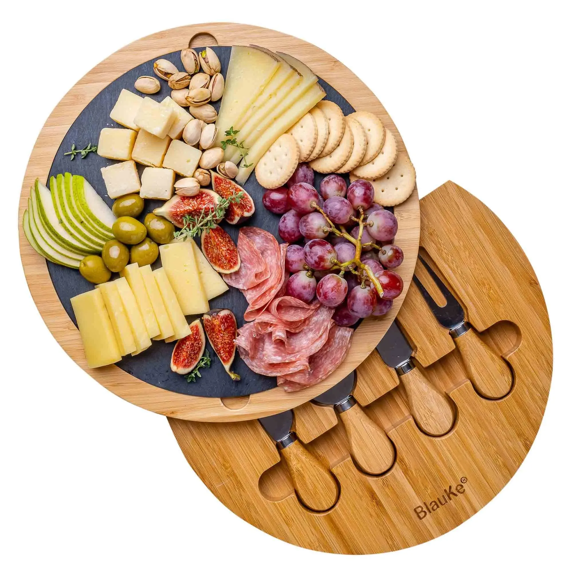 BlauKe Round Bamboo Cheese Board with Knife Set and Removable Slate - Swiveling ...