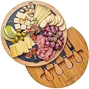 Round Bamboo Cheese Board with Knife Set and Removable Slate - 12 inch