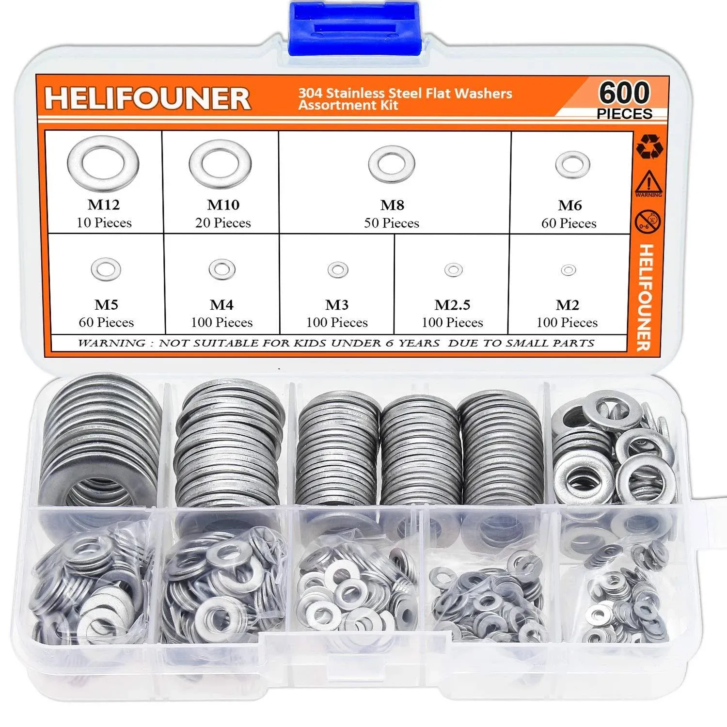 HELIFOUNER 600 Pieces 9 Sizes 304 Stainless Steel Flat Washers Assortment Kit (M2 ...