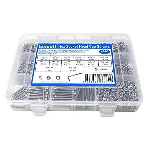 iexcell 1350 Pcs M3 x 4/5/6/8/10/12/14/16/20/25/30 Stainless Steel 304 Hex Socket Head Cap Screws Blots Nuts Washers Assortment Kit