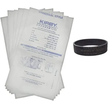 6 PK Kirby F Universal Style HEPA Bags + 1 Belt Compatible with Kirby Avalir Sentria Generation Ultimate Upright Vacuum Cleaners. Fits 204811 204814 204808.