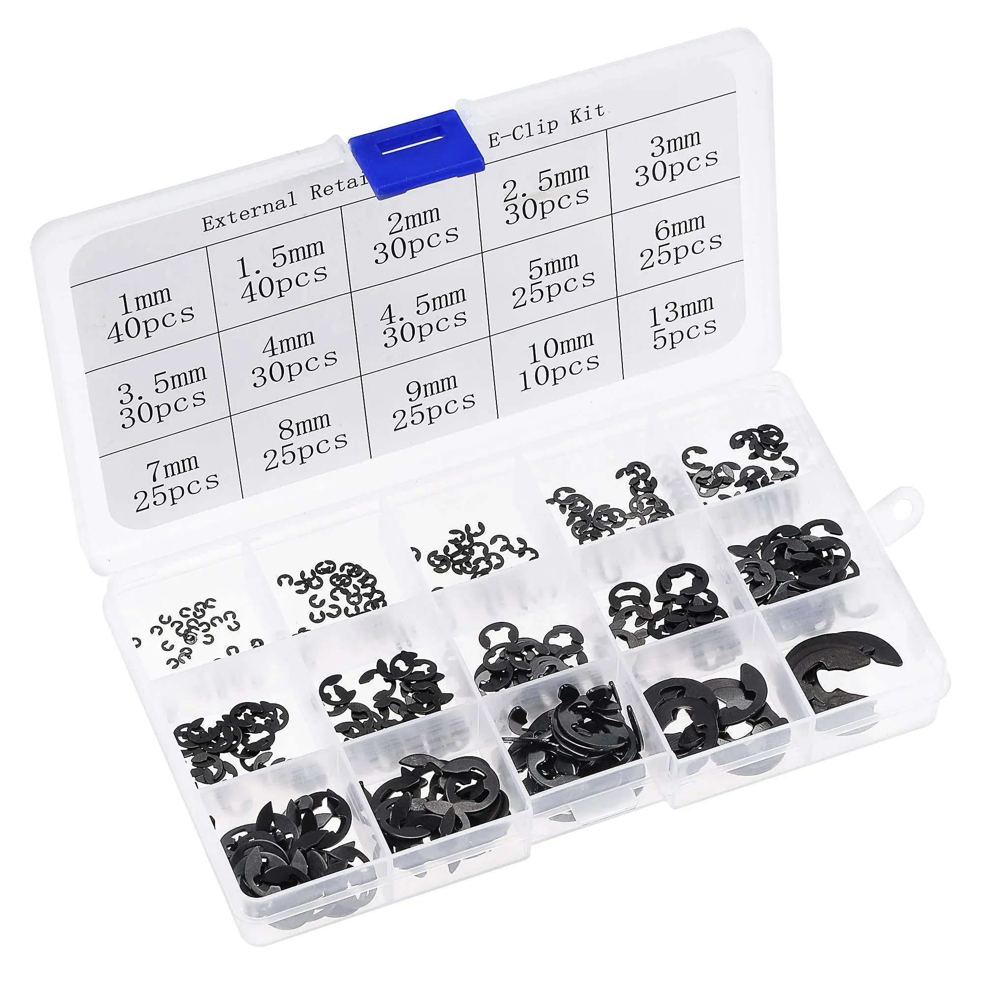 E-Clip 400Pcs 15-Size External Retaining Ring Carbon Steel Set Size: 1mm to 13mm