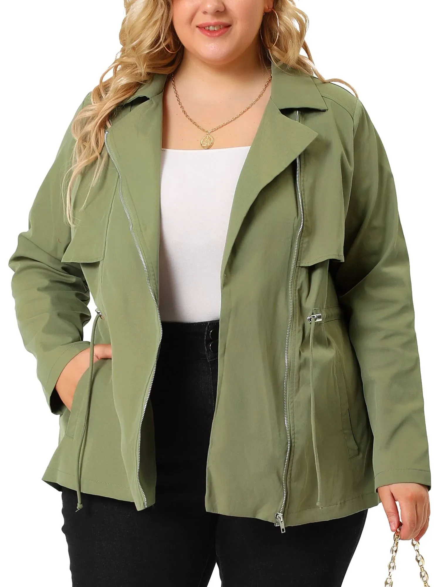 Agnes Orinda Women Plus Size Trench Coat Lapel Zipper Front Drawstring Waist Moto ...