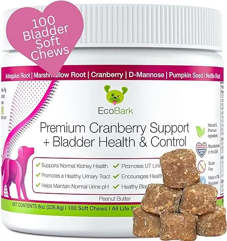 EcoBark Cranberry Supplement for Dogs - Bladder Health & Kidney Support for Dogs - Dog Bladder Control Chews - Dog Cranberry Soft Chews for Dog Incontinence Support