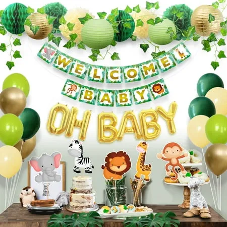 Jungle Theme Safari Baby Shower Decorations with Banner Animal Centerpieces Tropical Leaves Oh Baby Balloons