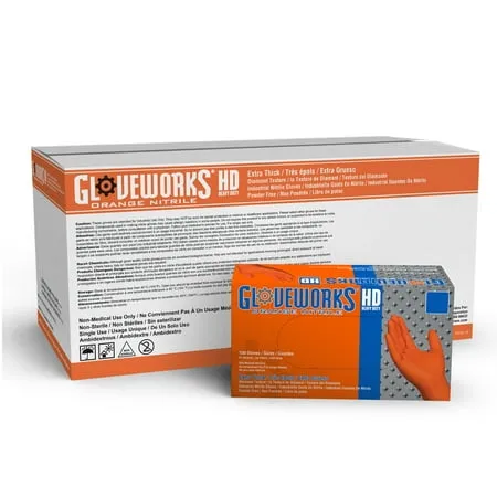 Gloveworks Heavy Duty Nitrile Latex Free Industrial Disposable Gloves, Medium, Orange, 100/Box