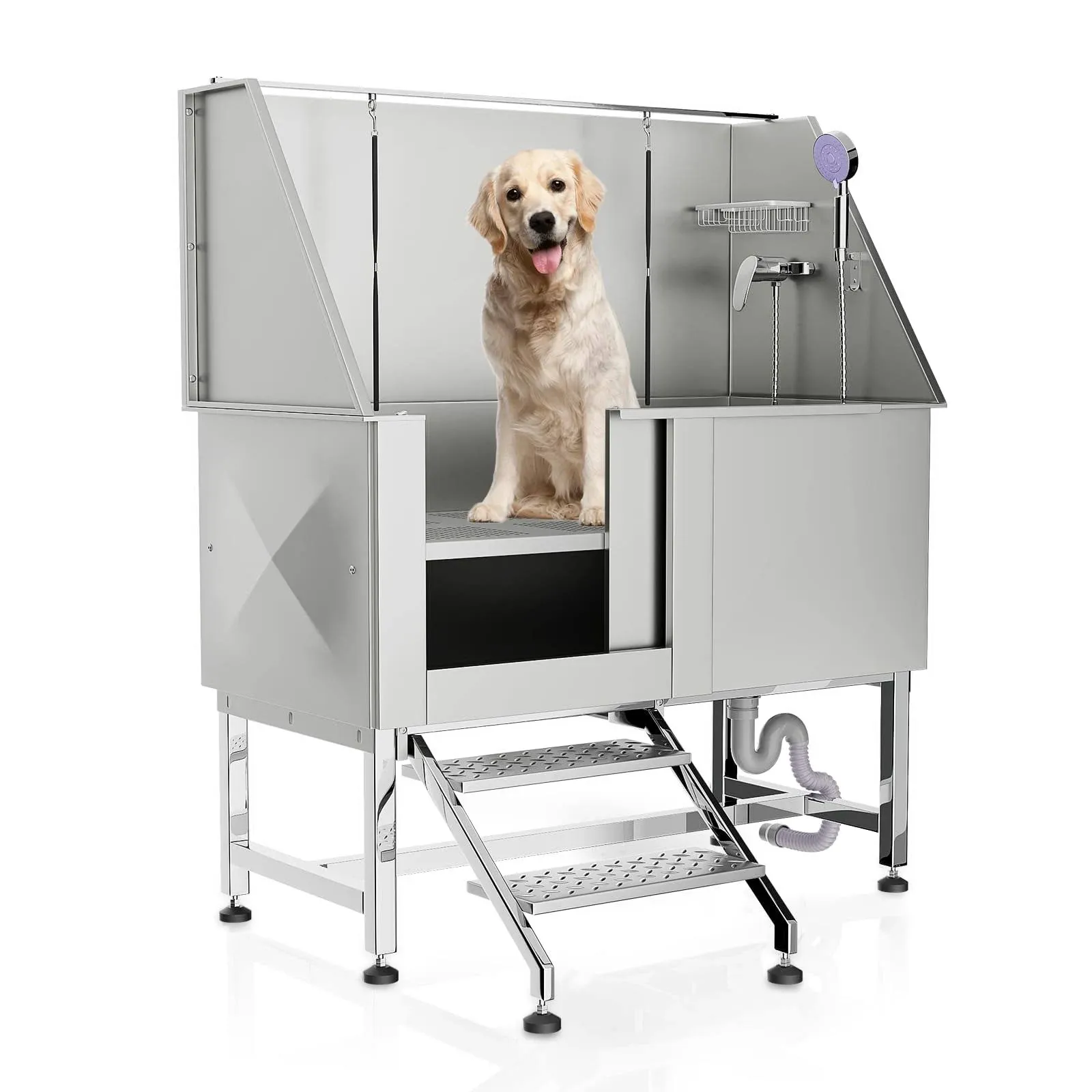 MoNiBloom 50" Dog Washing Station for Home, 2-Depth Optional Professional Stainless Steel Dog Grooming Tub for Large/Medium/Small Dogs, Sliding Door Dog Washing Station w/Ladder, 250 lbs Capacity