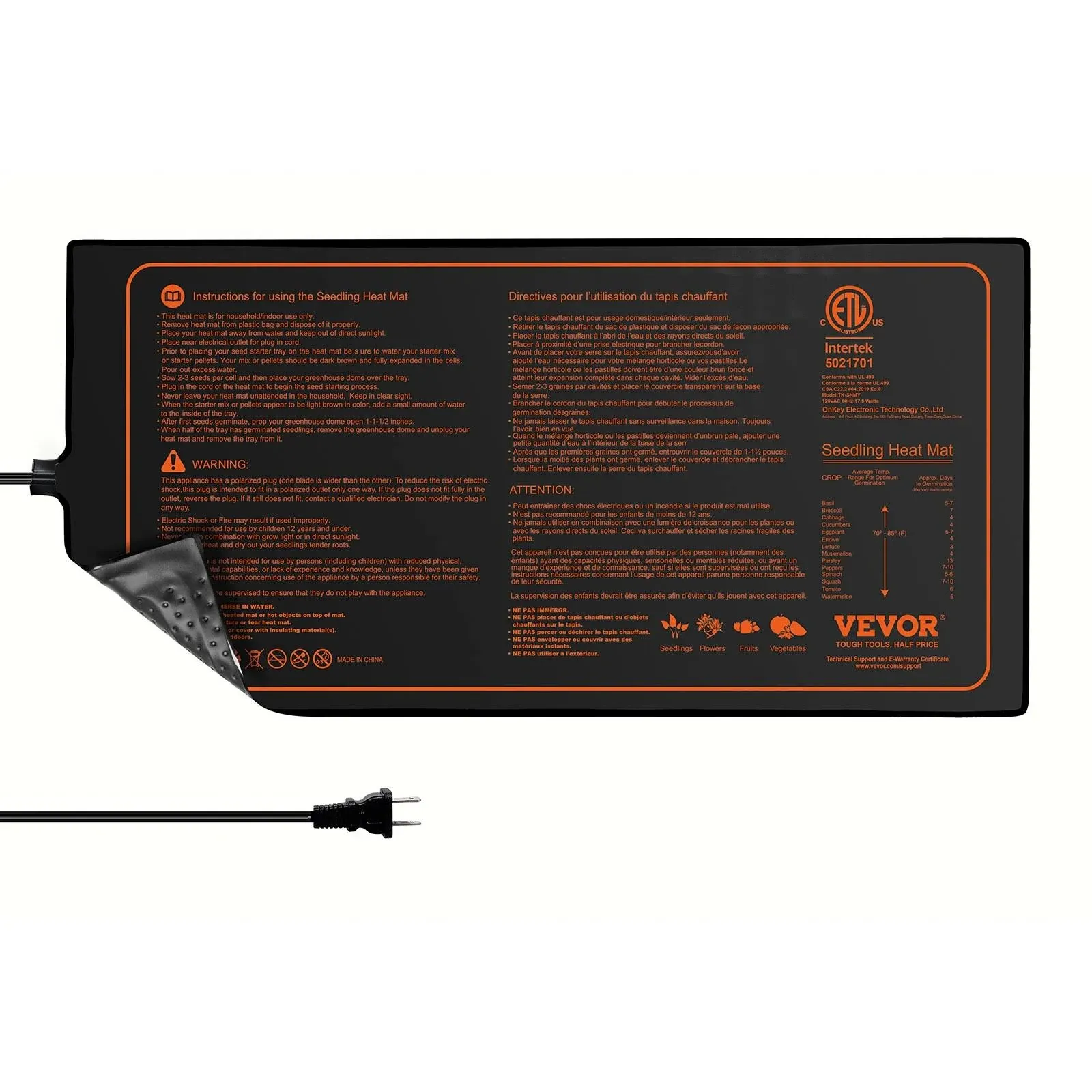 VEVOR Seedling Mat 10 in. x 20.75 in. Heat Mats MET-Certified Waterproof Heating Pad (1-Pack) YMJRD10X2075FL3TRV1