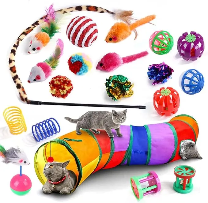 Cat Toys 20 Pcs,Kitten Toys for Indoor Cats, Pet Play Tunnel and Tube Toy,Cat Tunnel Interactive Feather Teaser Wand Ball Toy Set for Kitty and Cats (20PCS)