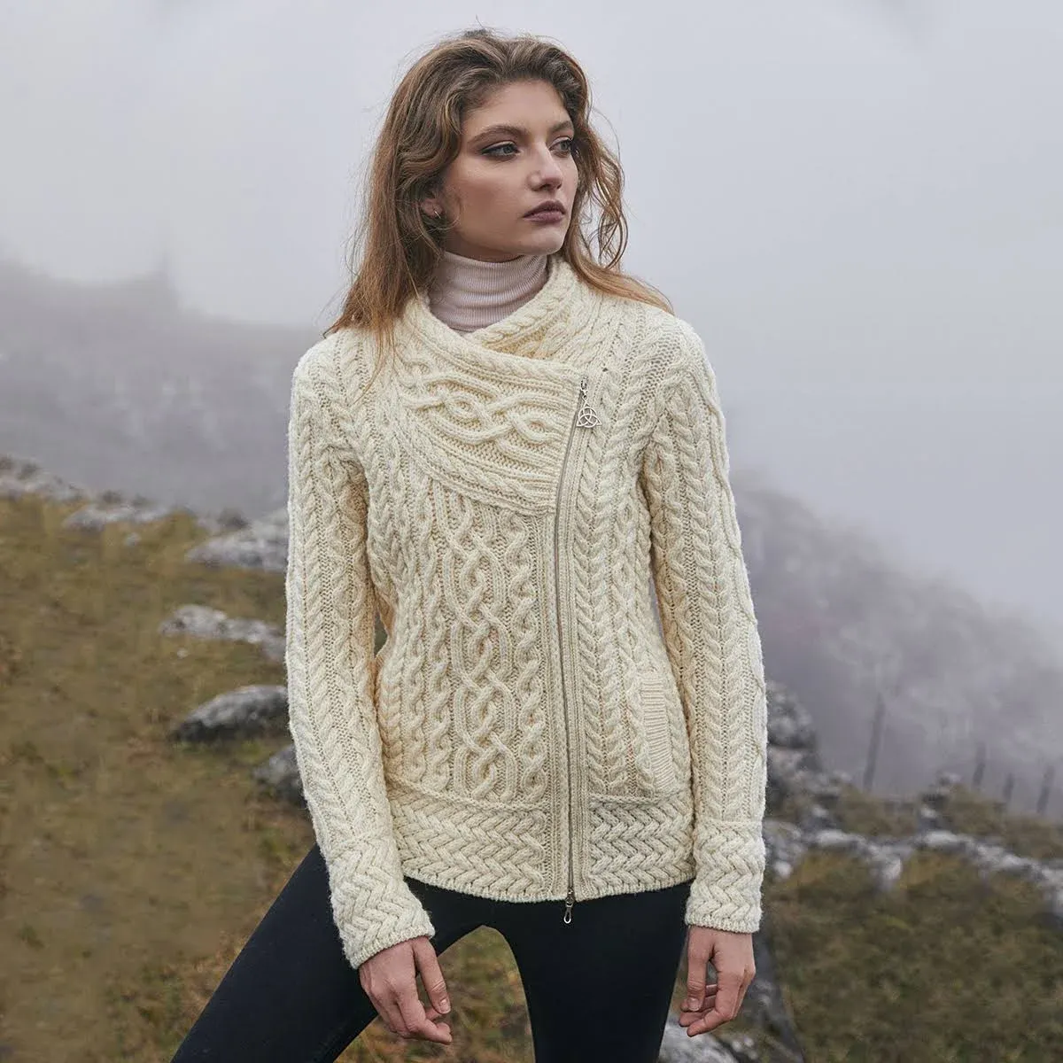 Aran Cable Knit Side Zip Merino Cardigan