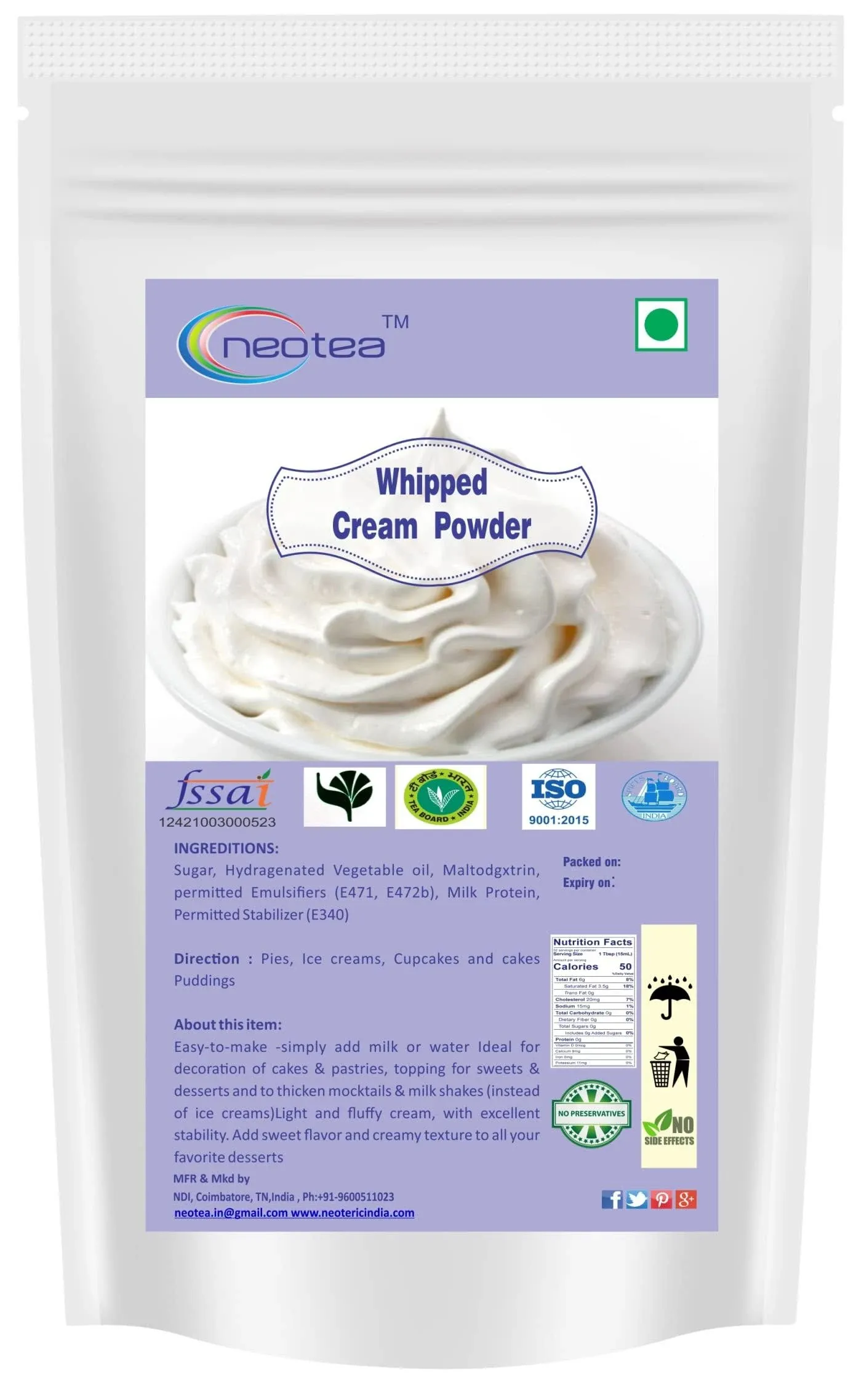 Neotea Whipped Cream Powder for Cake | Cream Stabilizer Powder | 200 GM (7.05 OZ) | Premium Whipped Cream Powder for Cake & Ice Cream | Heavy Whipping Cream Mix | Powdered Cream for Icing & Toppings | Cream Powder for Baking & Desserts