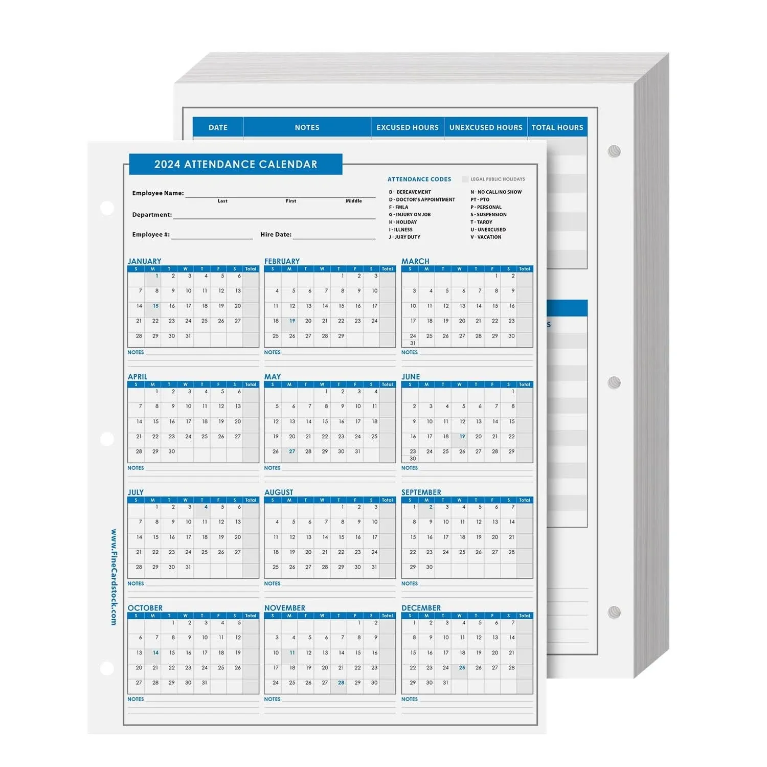 2024 Attendance Calendar Card Stock Paper – Great Employee Work Tracker | Printed on Durable and Thick 80lb (216gsm) Cardstock | 8 ½ X 11 | 25 Sheets per Pack