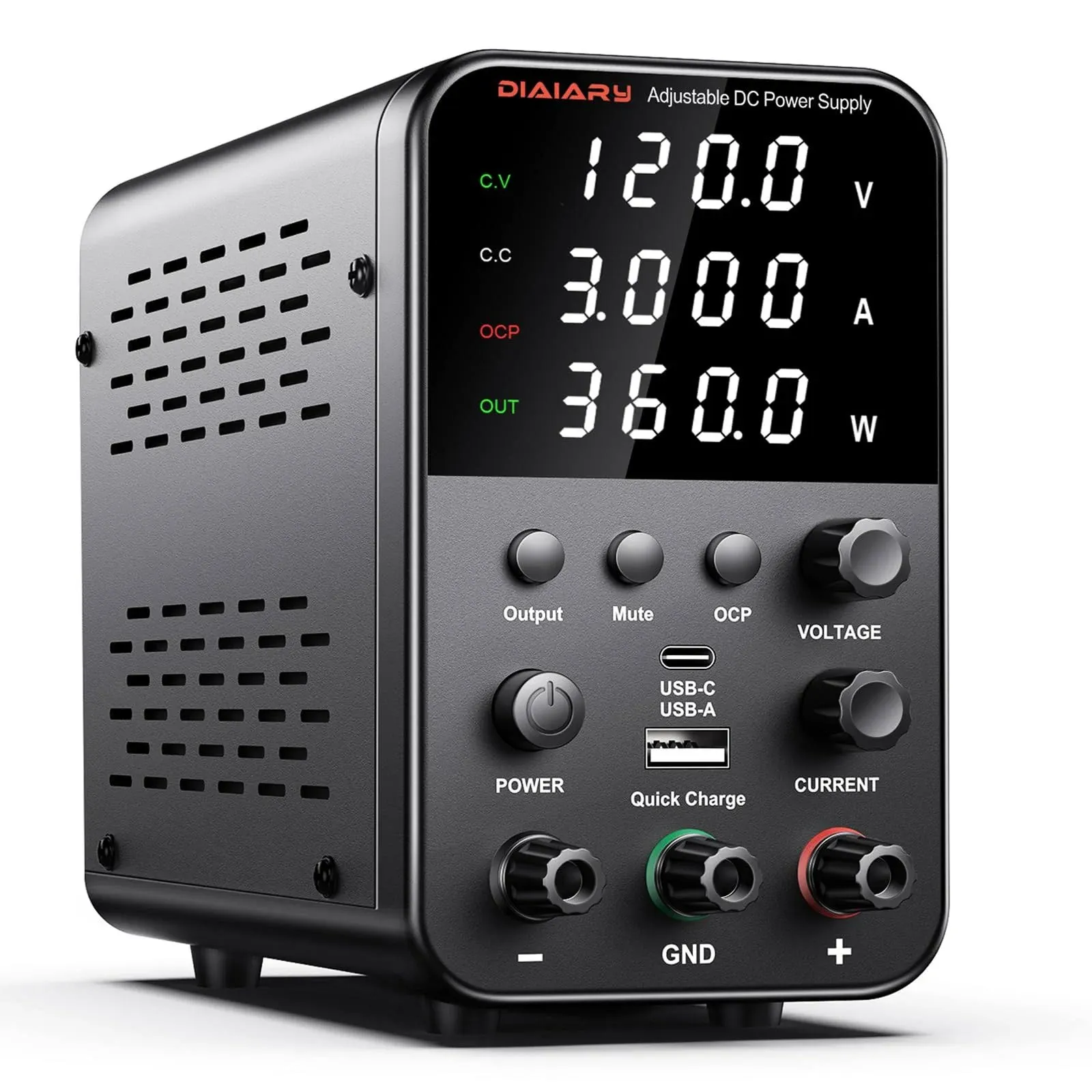 DC Power Supply Variable, 120V 3A Bench Power Supply with Encoder Knob, 4-Digits Display, Adjustable Regulated lab Power Supply with 5V 3.6A USB & Type-C Quick-Charge, Output Switch