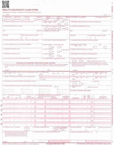 New CMS-1500 Insurance Claim Forms, HCFA (Version 02/12) - 1 CASE (2500 Sheets/Forms)