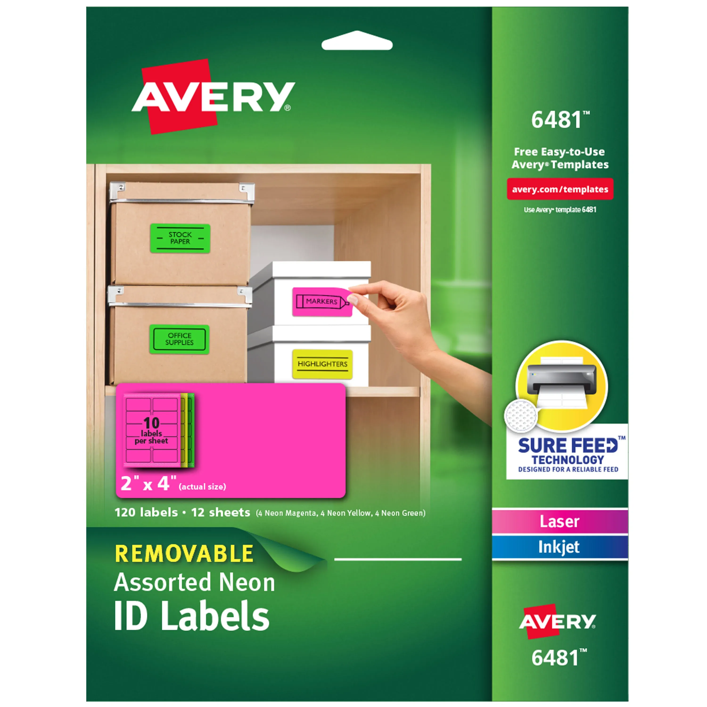 Avery High-Visibility Removable ID Labels Laser/Inkjet 2 x 4 Asst. Neon 120/Pack