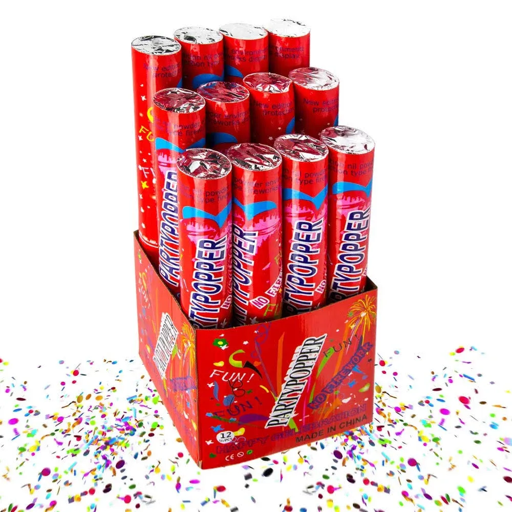 Toysery 12 Pack Confetti Cannons, Multicolor Air Compressed 12-Inch Large Party Poppers for New Years Eve, Birthdays, Wedding Celebrations and Indoor