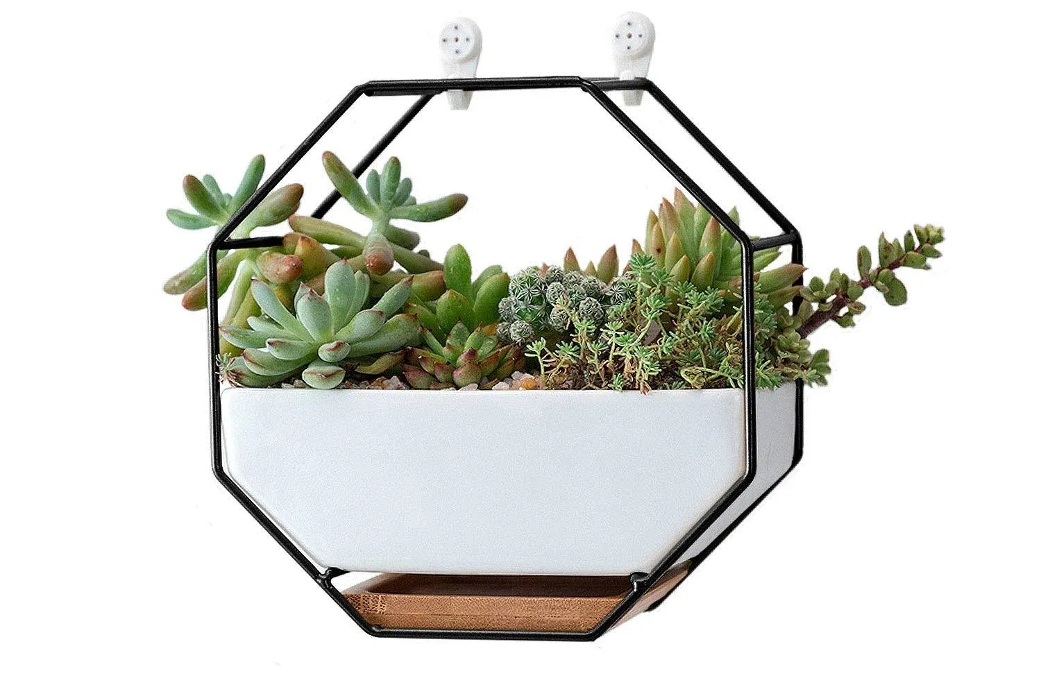 VanEnjoy 7" White Ceramic Wall Planters Vase and Copper,Drainage Hole with Bamboo Tray - Succulent Pot Air Plants Mini Cactus Artificial Flowers Hanging Geometric Hexagon Wall Decor (Black Metal)