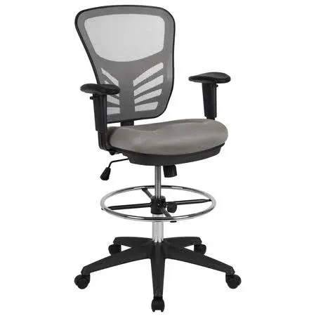 Flash Furniture HL-0001-1CBLACK-LTGY-GG Mid-Back Light Gray Mesh Ergonomic Drafting Chair with Adjustable Chrome Foot Ring, Adjustable Arms 