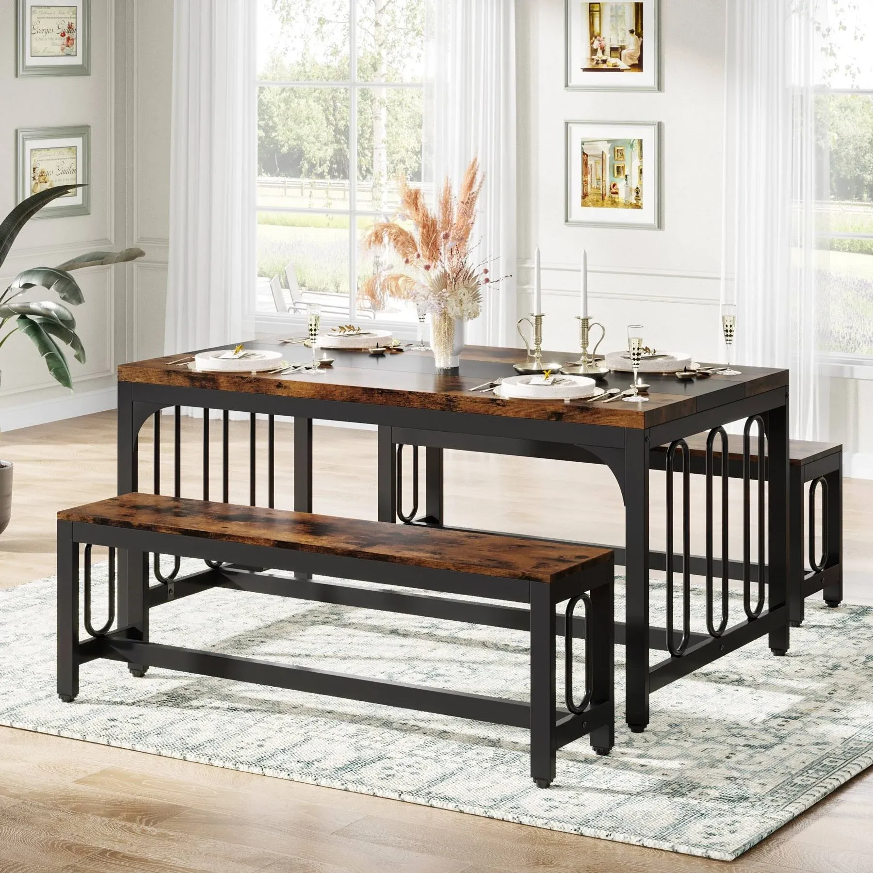 Tribesigns Dining Table Set, 3-Piece Kitchen Table with 2 Benches for 4-6 People, Brown