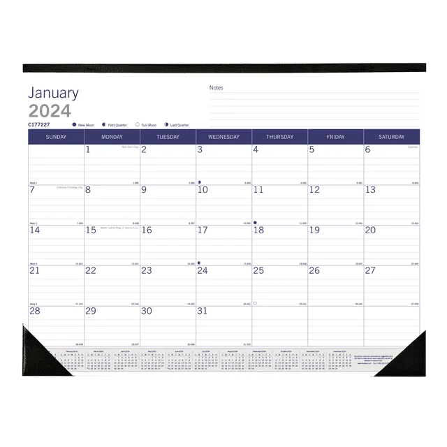 DuraGlobe Monthly Desk Pad Calendar, 22 x 17, White/Blue/Gray Sheets, Black Binding/Corners, 12-Month (Jan to Dec): 2025