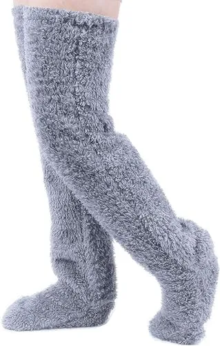 Peoaieh Over Knee High Fuzzy Socks Plush Slipper Stockings Furry Long Leg Warmers Winter Home Sleeping Socks (Gray)