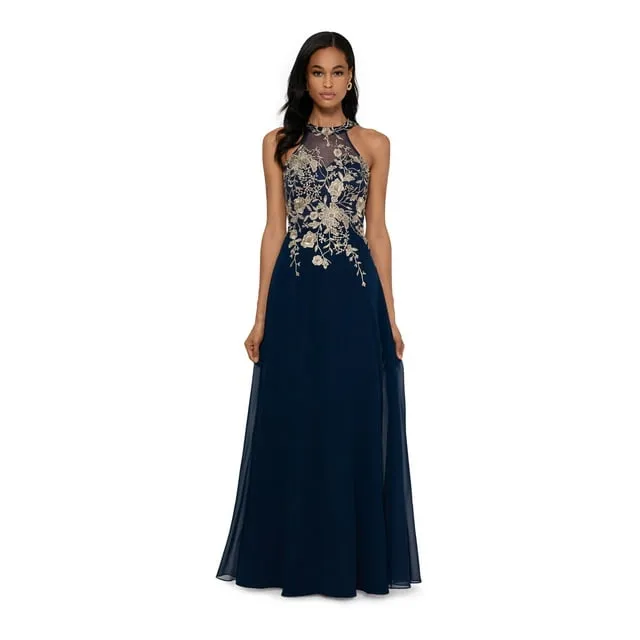 Betsy & Adam Women's Embroidered Halter Gown